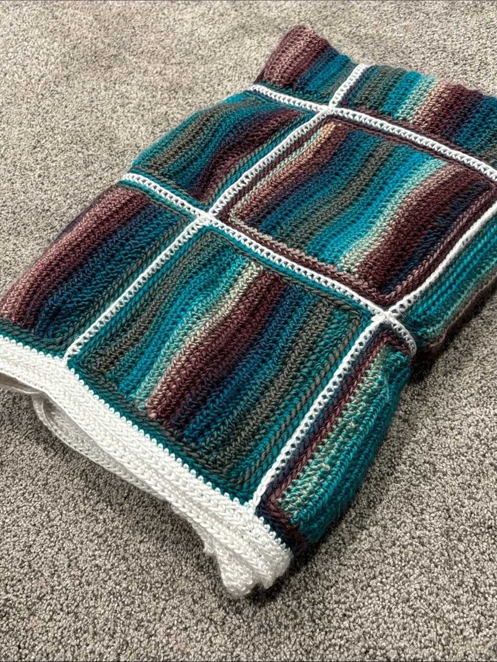 Handmade Crochet Patchwork Throw Blanket in Teal, Purple & Brown